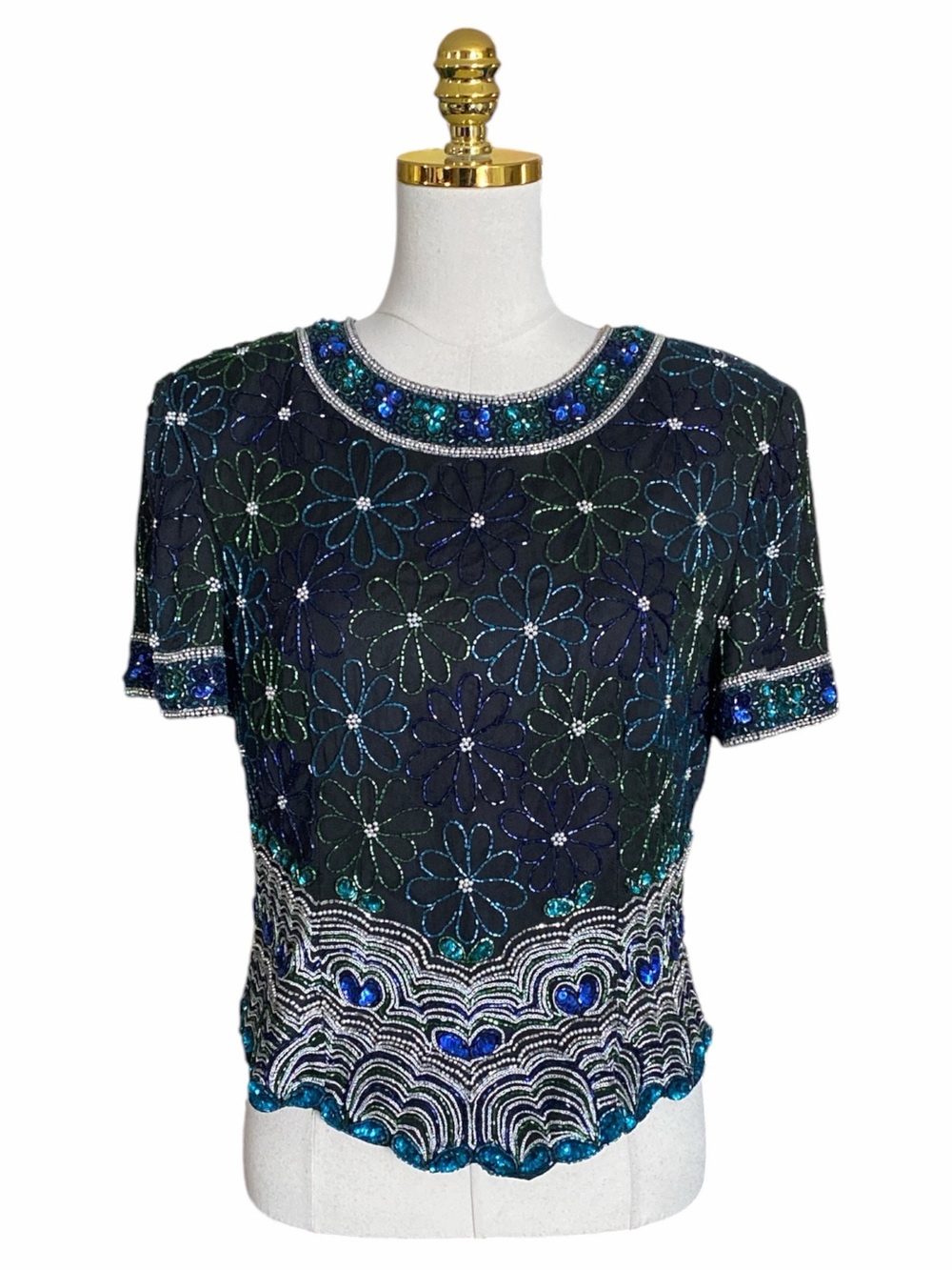 Laurence Kazar Beaded Silk Top XL Black Blue Green Floral Sequin Evening Blouse